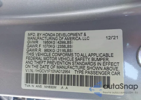 2022 Honda Accord Lx из США, поврежденный, VIN 1HGCV1F10NA012964